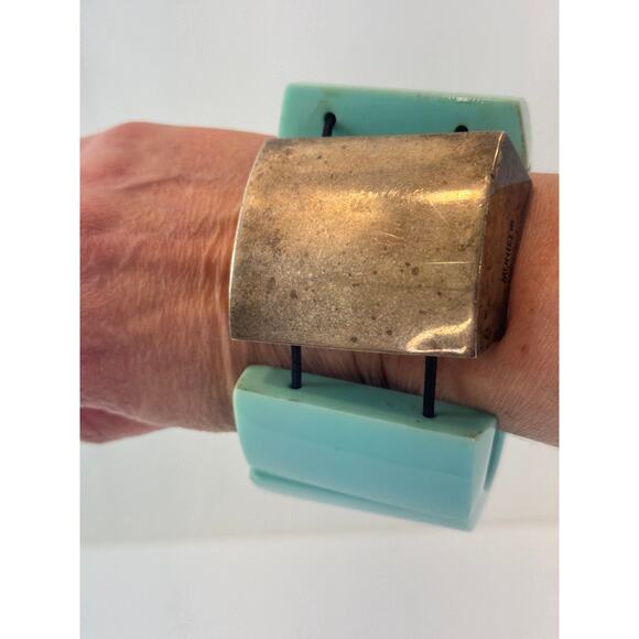 Vtg. Gerda Lynggaard Monies Blue Lucite Sterling Silver Stretch Bracelet Large - Picture 2 of 16